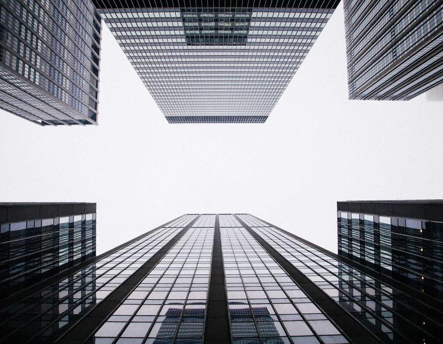 Office buildings viewed from street level